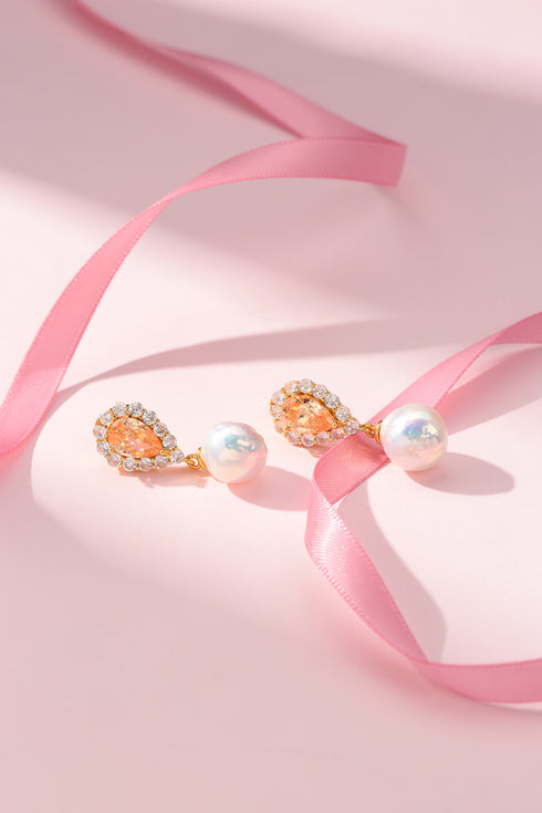 Baroque Edison Pearl Peach Zirconia Halo Earrings
